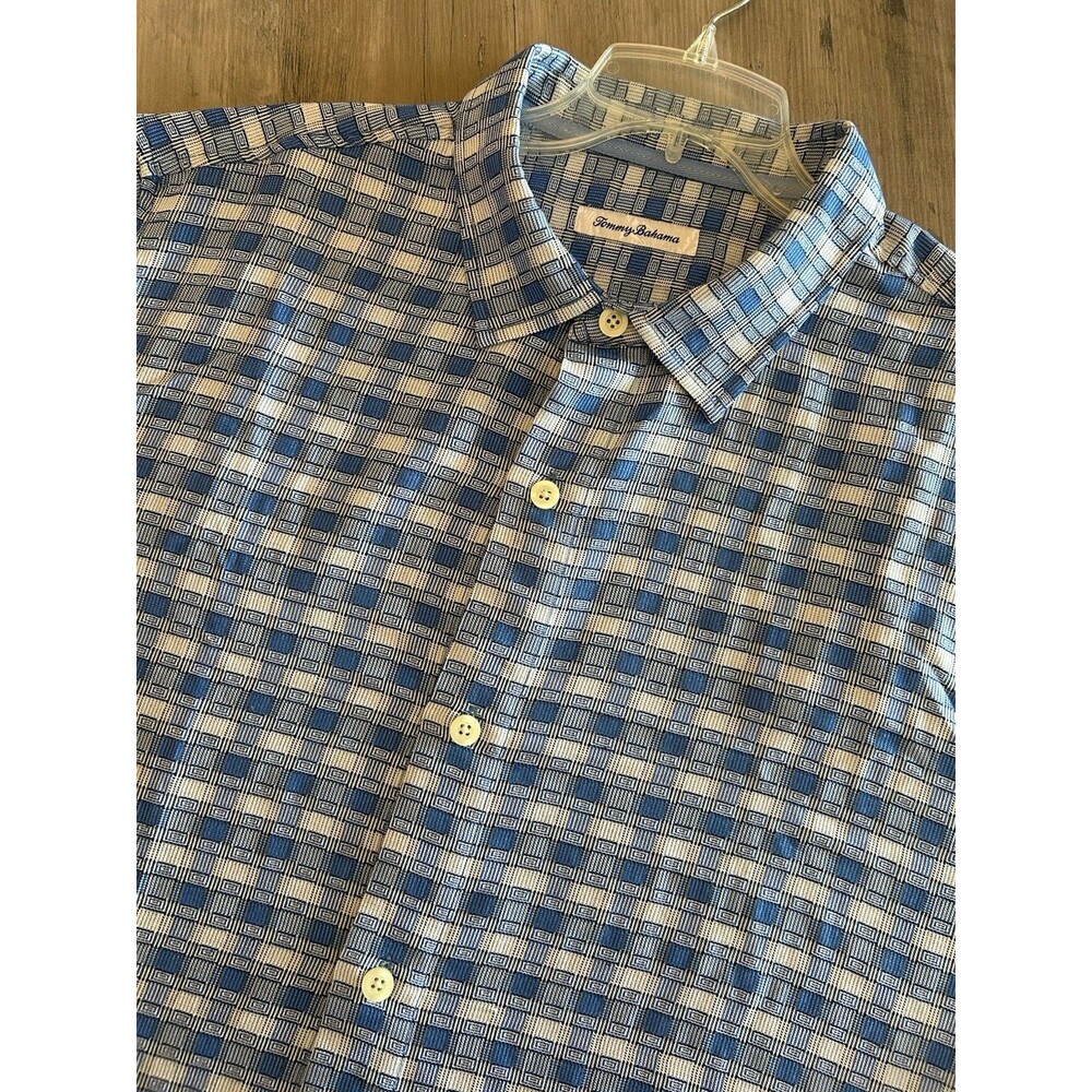 TOMMY BAHAMA Mens Silk Blue Geometric Print Short Sleeve Button Up size XXL